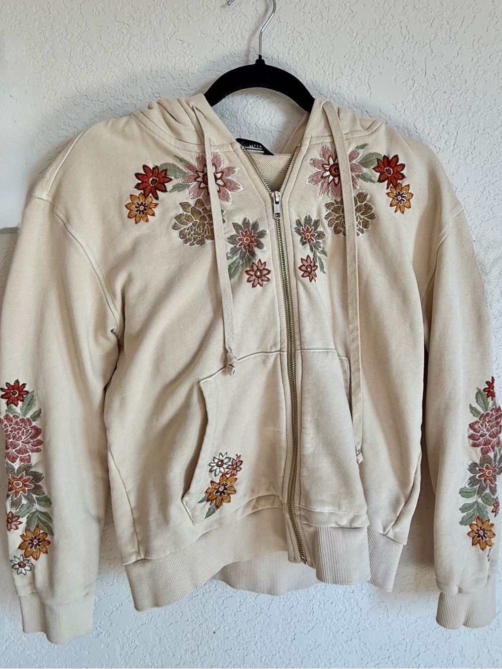 DRIFTWOOD Cream Floral Embroidered Zip Hoodie
